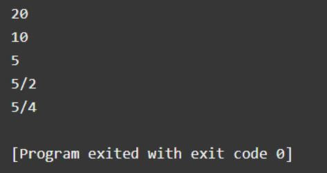 print the numbers starting from 20 divided by 2