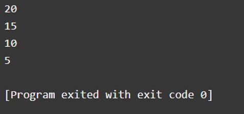 print the numbers starting from 20 decremented by 5