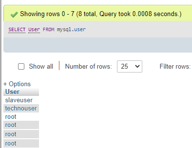 MariaDB show users output 1