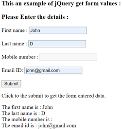 jQuery get form values output 1.2