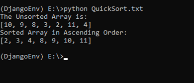 Quick sort algorithm output