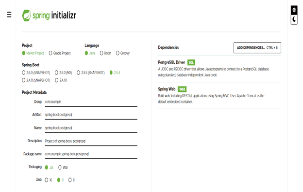 spring boot postgresql output 1