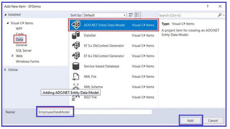 add the ADO.NET Entity Data Model