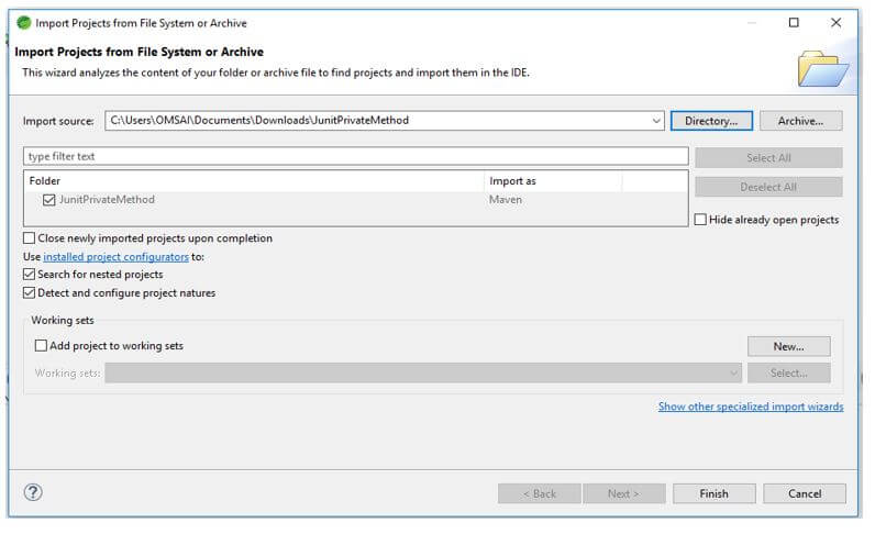 JUnit Private Methods - Import Projects from file system or Archive