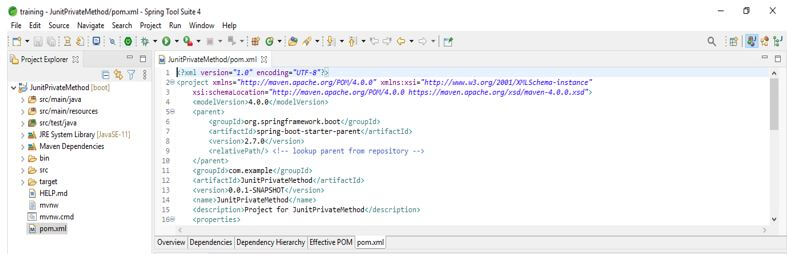JUnit Private Methods - pom.xml file is created or not