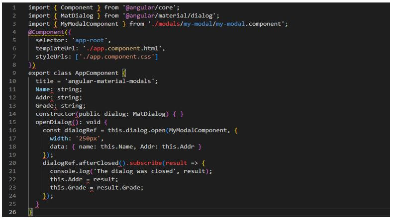Angular Material Popup - updating the app.component.ts file