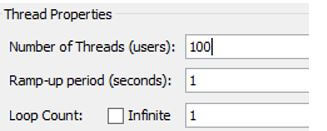 number of threads as 100, and the ramp-up period is 1 second