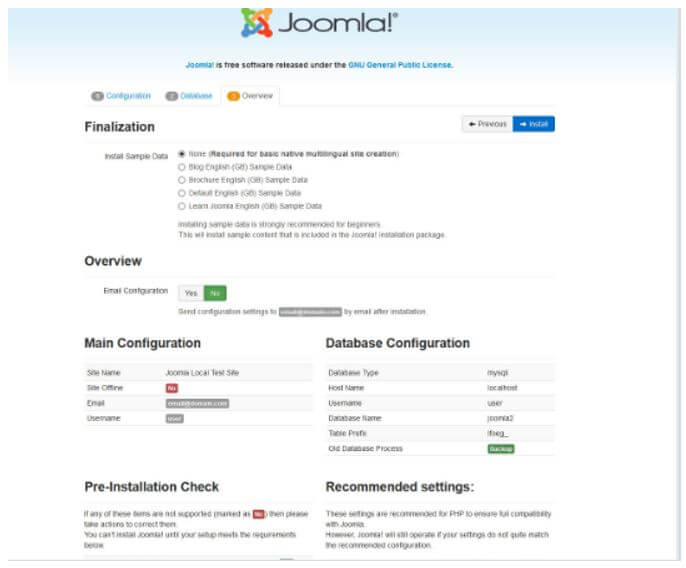 finish the installation and configuration of Joomla CMS