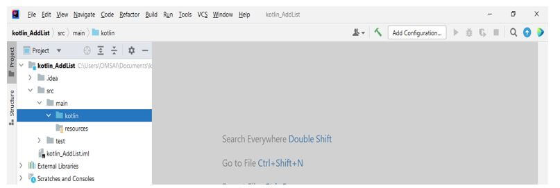 project structure of the newly created project