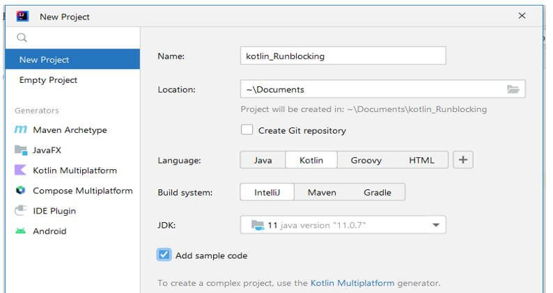 create the new project in kotlin name as kotlin_Runblocking