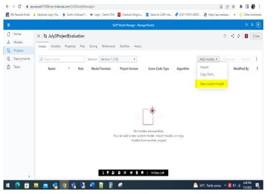 add the existing model, import the model, or create the custom model