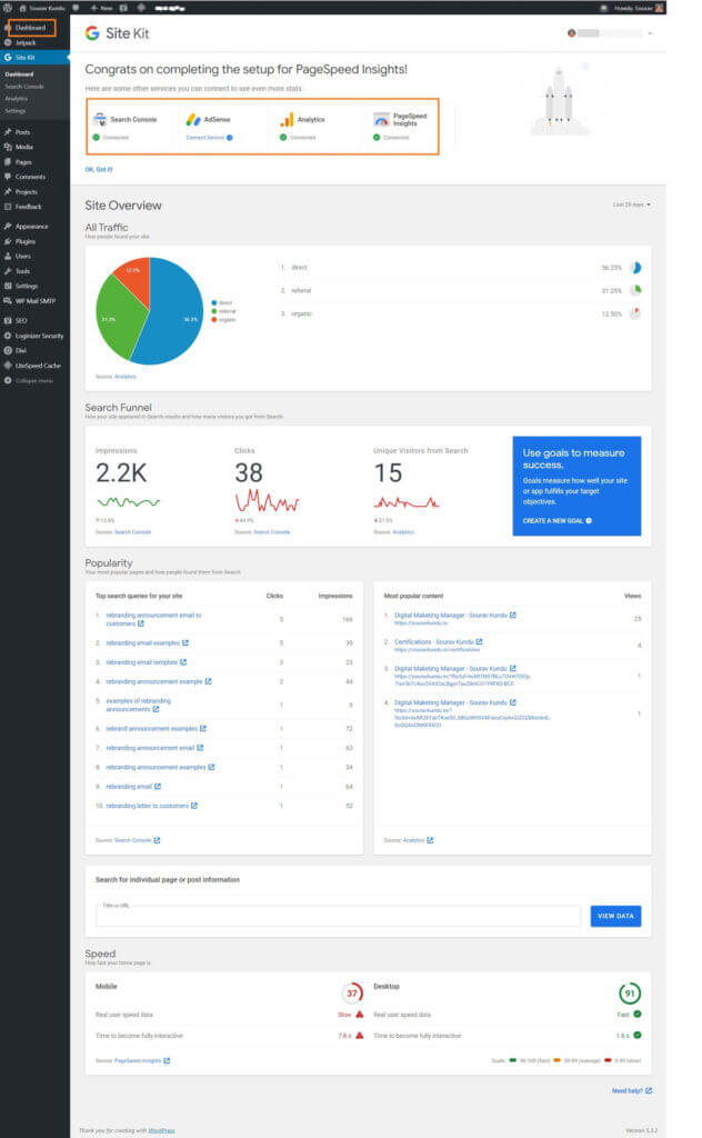 WordPress Google Analytics dashboard
