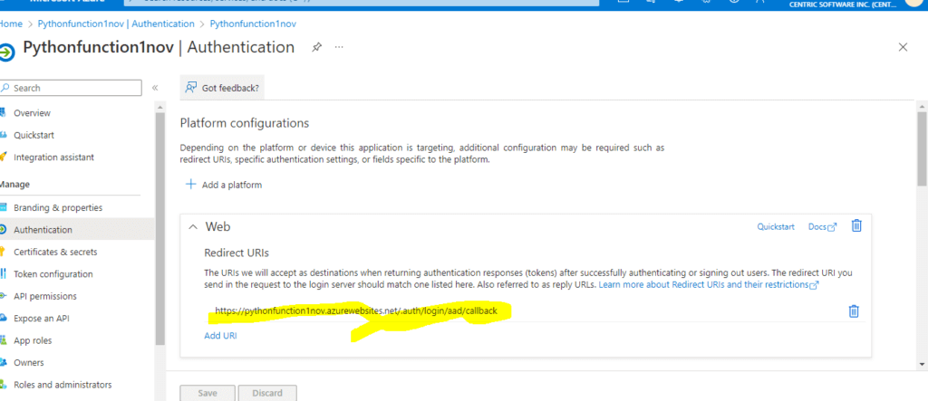 Azure Functions Authentication URL