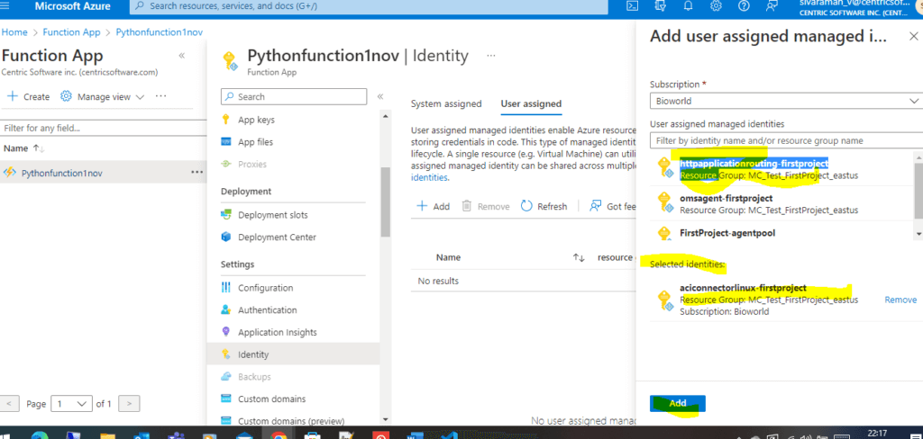 Azure Functions Authentication - Click Add