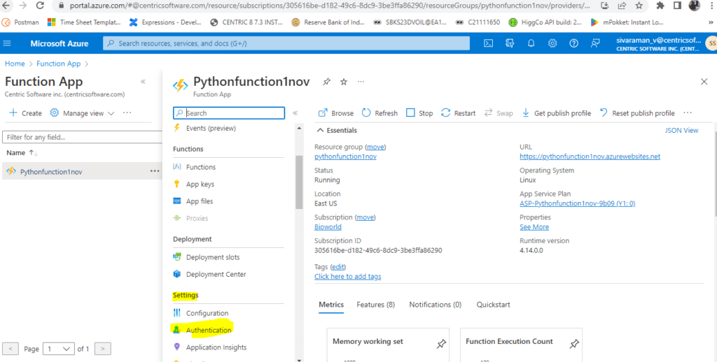 Azure Functions Authentication Tab