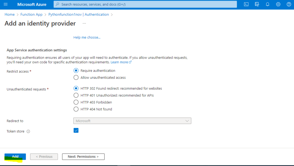Azure Functions Authentication Token