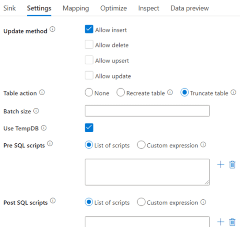 Azure Data Factory Data Flow Settings