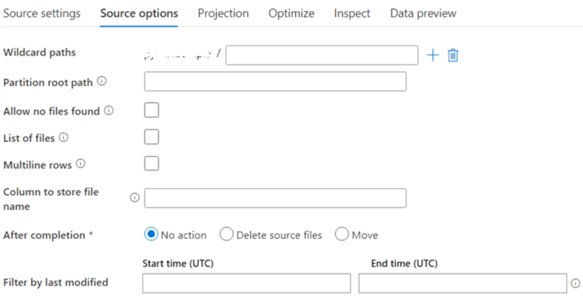Azure Data Factory Data Flow - Source options
