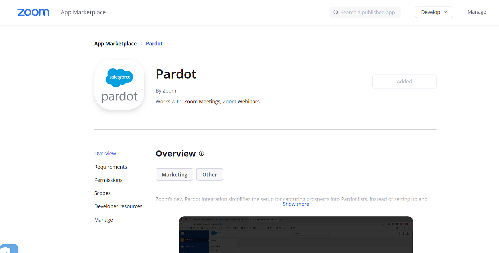 Go to Zoom App Marketplace and search for the Pardot