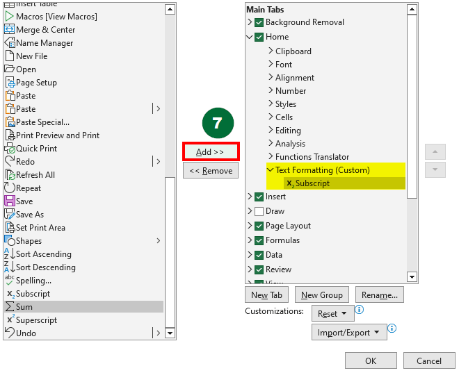 Add Subscript to Excel Ribbon-7
